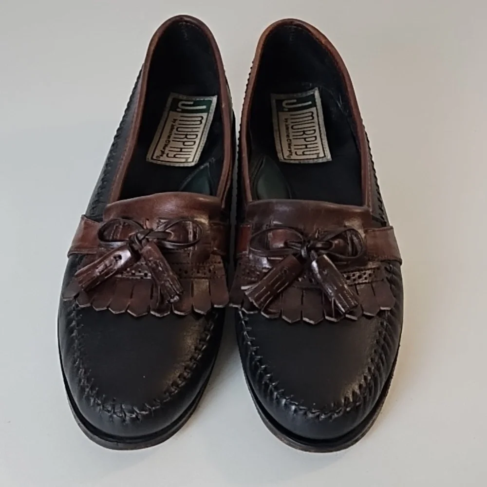 J Murphy Soft Supple Leather Uppers & Soles Black & Brown Tassel Loafers 10N